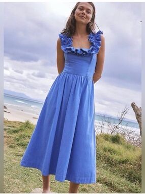 Free People Blue Ruffle Square-Neck Midi Dress